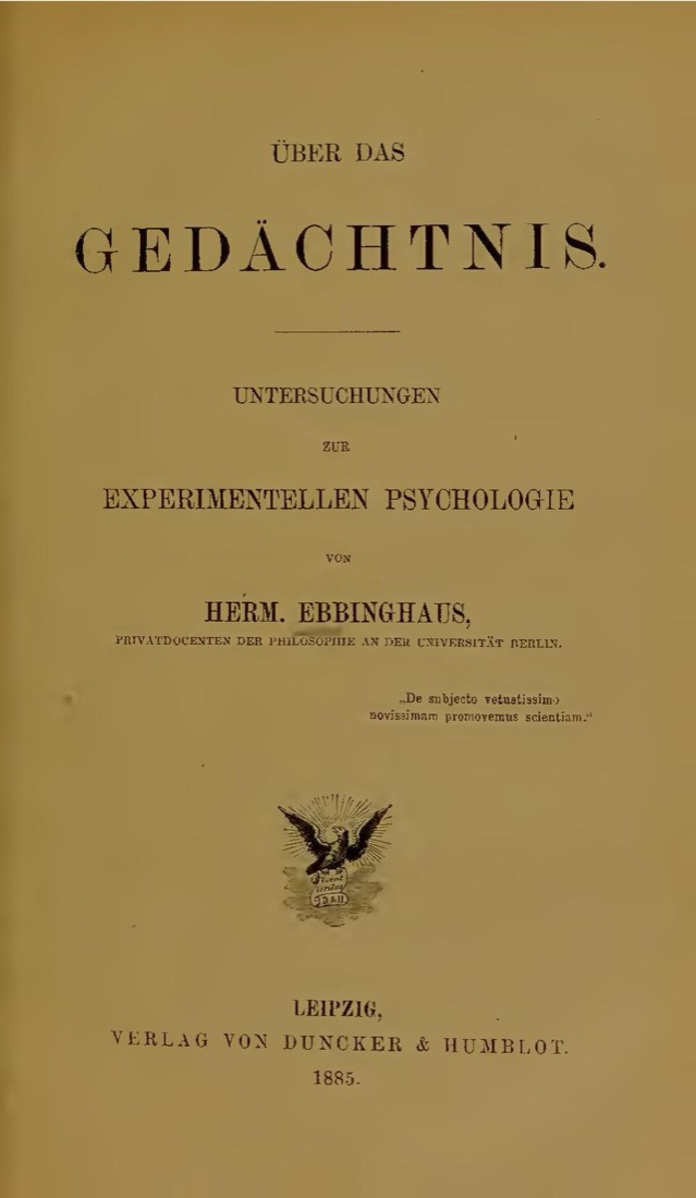 Г. Эббингауз. «Über das Gedächtnis» («О памяти») — титульный лист, Лейпциг, 1885