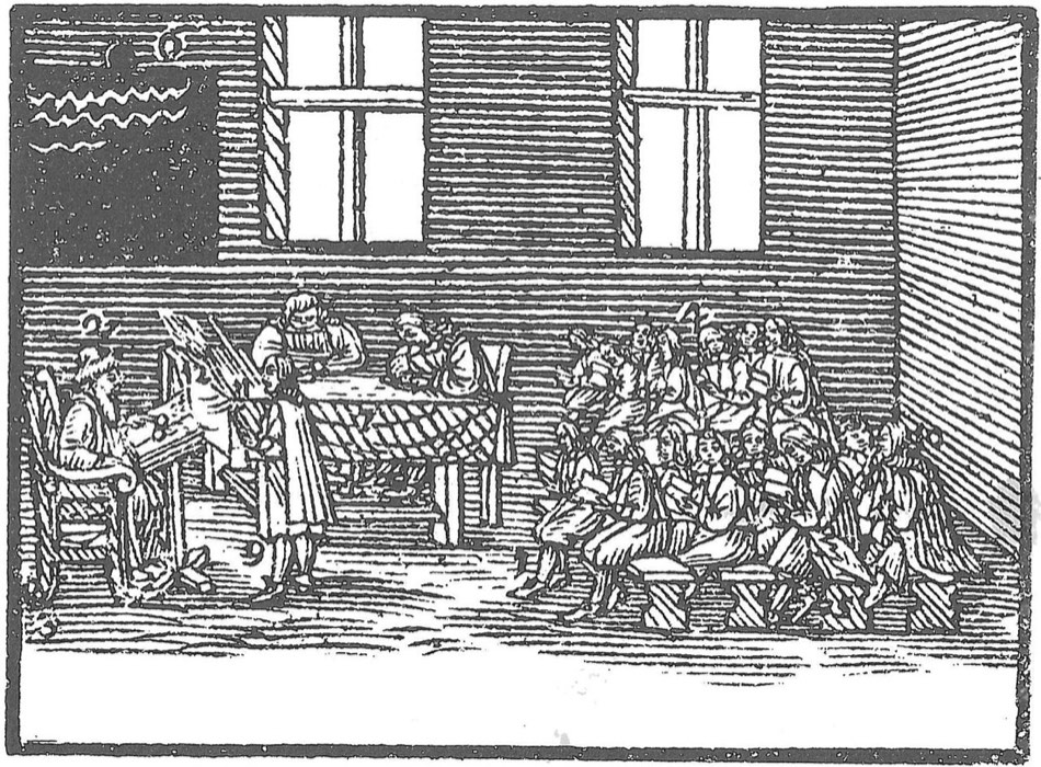 «Schola» (Школа) — гравюра на дереве из «Orbis Sensualium Pictus» Коменского, 1658