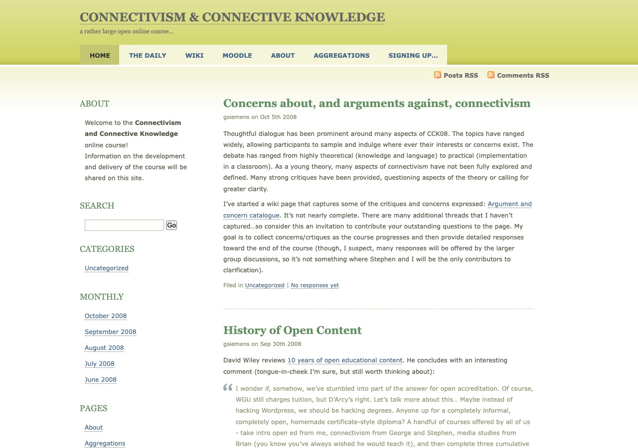Сайт курса «Connectivism and Connective Knowledge» (CCK08) — первого MOOC, октябрь 2008