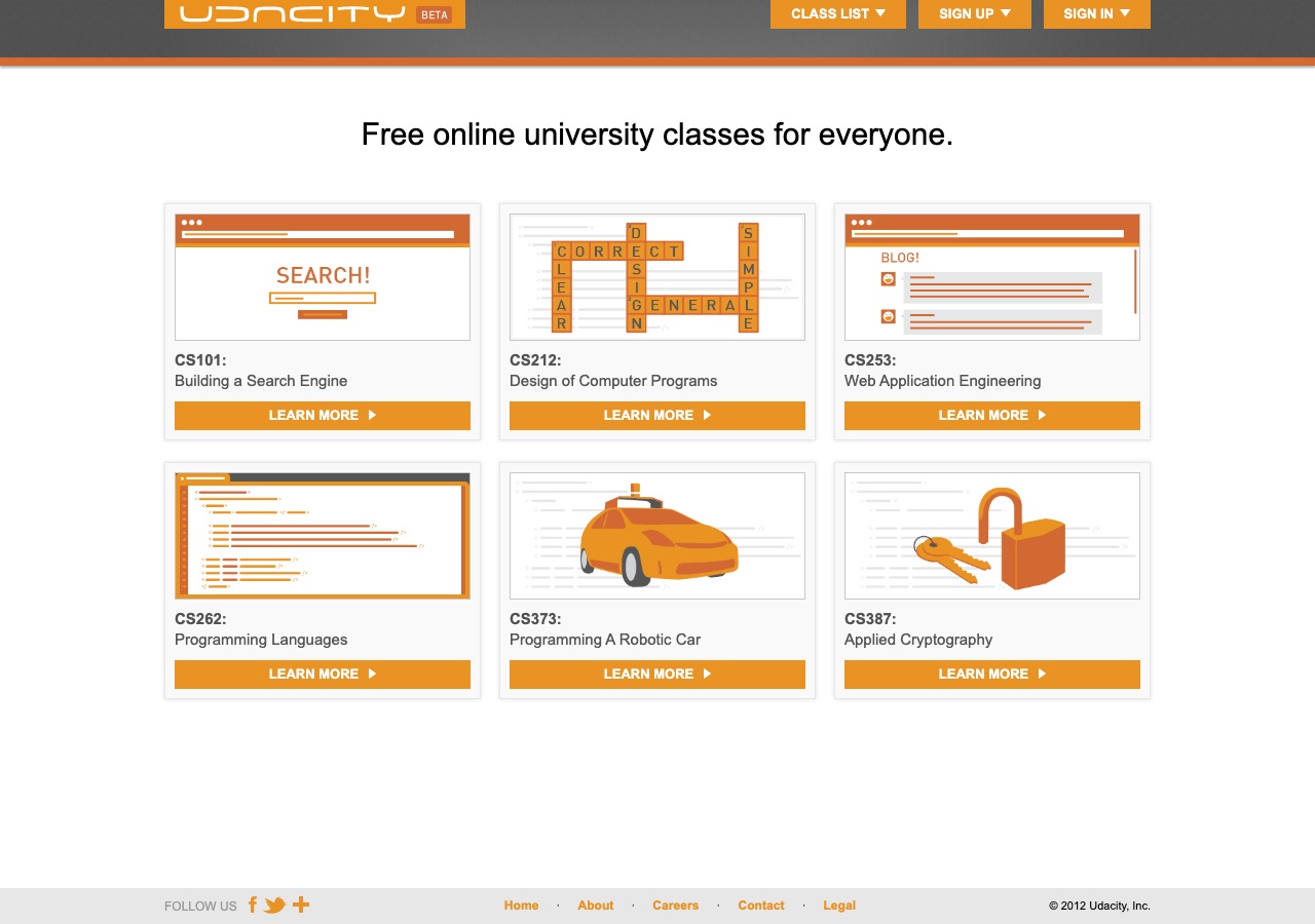 Главная страница Udacity (бета-версия), апрель 2012